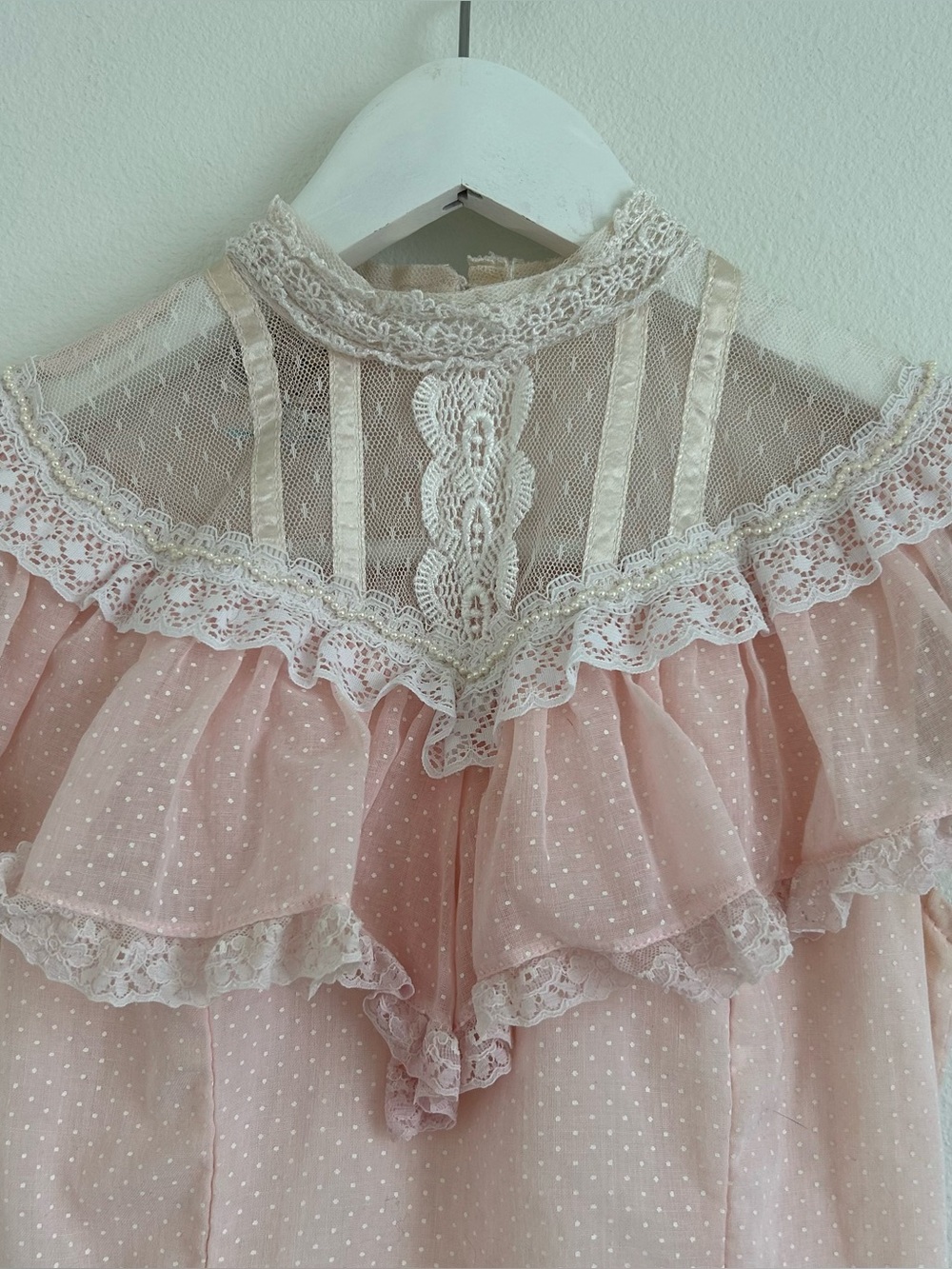 Gunne Sax Pink Polka Dot Lace Dress with Pearl Trim High Victorian Neckline - Picture 3 of 9